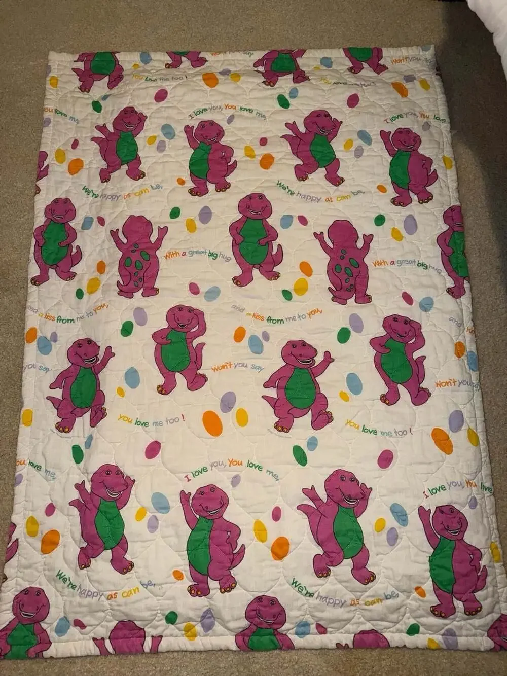 Vintage 1992 Barney The Dinosaur Quilted Blanket The Lyons Group